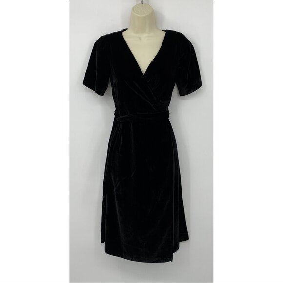 Ann Taylor wrap dress black velvet short sleeve midi new 00 PETITE 00P - Picture 1 of 4